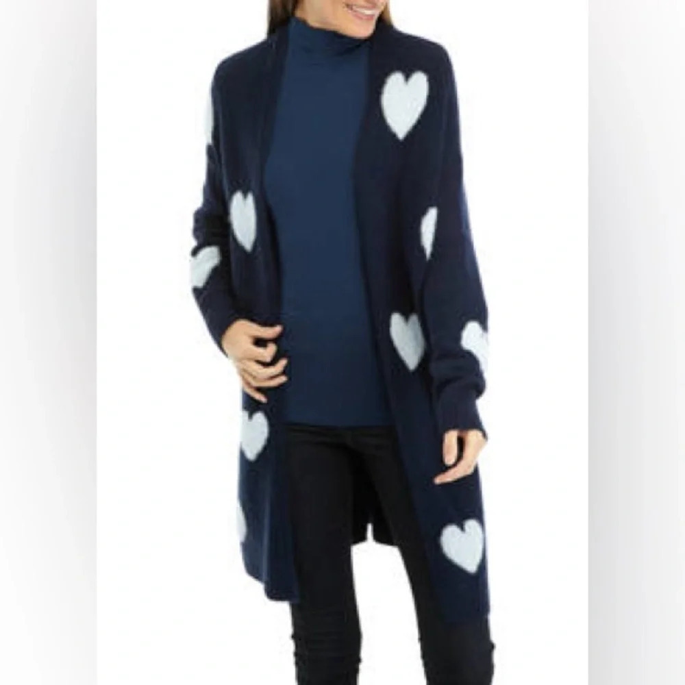 Crown & Ivy Womens XL Navy Blue Open Front Longline Cardigan Sweater Hearts